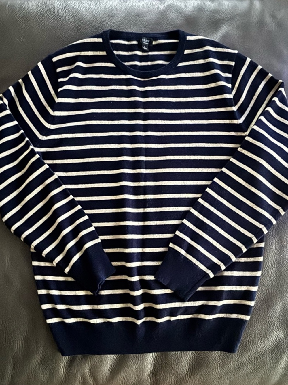 J. Crew Navy and Cream Striped 100% Cashmere Crewneck Sweater